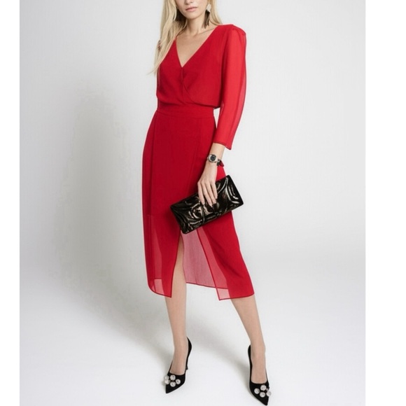 NWT Bebe Womens Raspberry Pink Chiffon Faux Wrap Midi Dress 3/4 Sleeve Size 4 - Picture 2 of 16